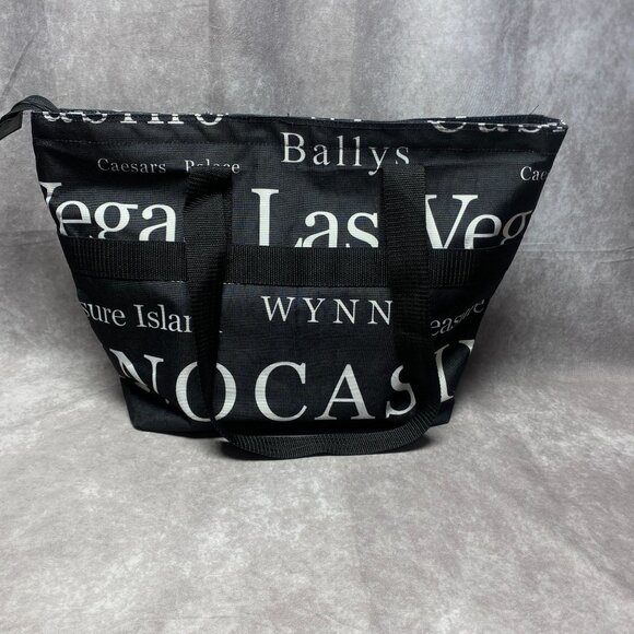 Las Vegas  Theme Black Tote Bag With Zipper Closure & Interior Pocket - Picture 5 of 12